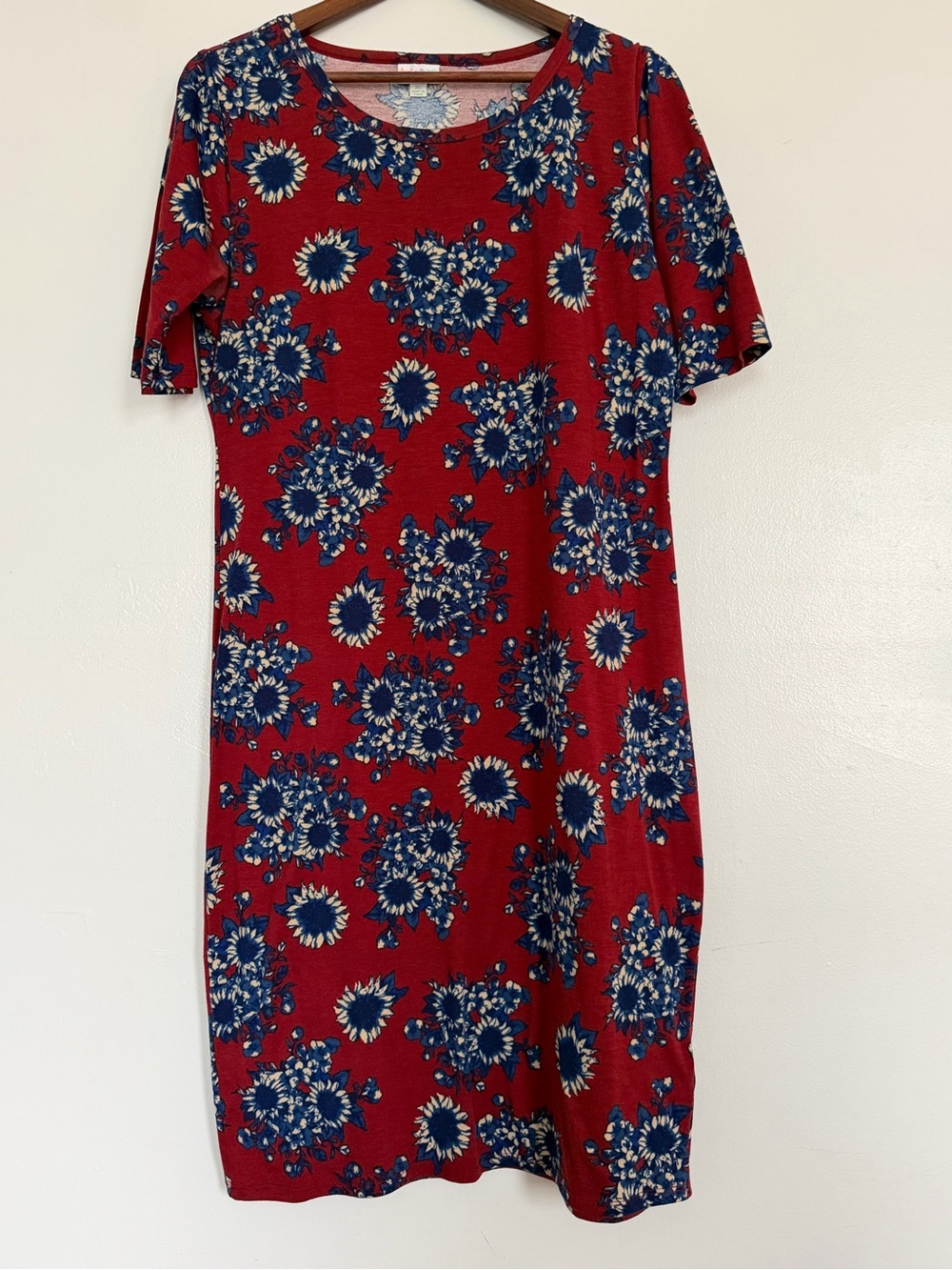 LuLaRoe Burgundy Floral Midi Dress with Blue and Cream Accents